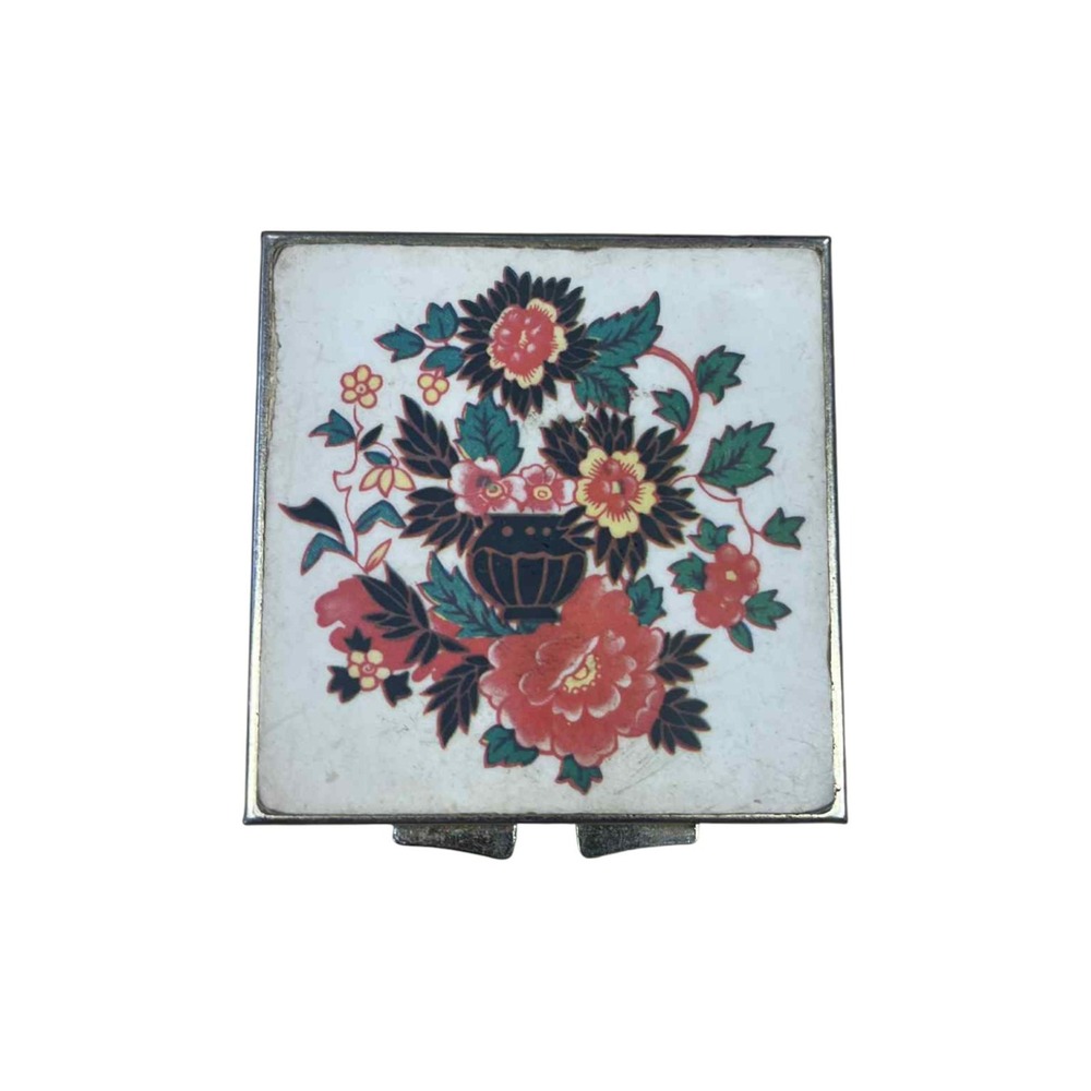 Vintage Pretty Vintage Asian Floral Compact Goldtone Pill Box Made in Japan - DT